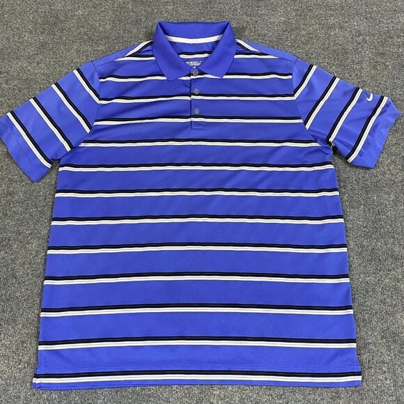 Nike Golf Mens Polo Shirt L Blue Striped Performance Poly - Picture 1 of 7